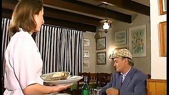 French Brunette Enjoys Threesome In A Restaurant With Voyeuristic Older Man